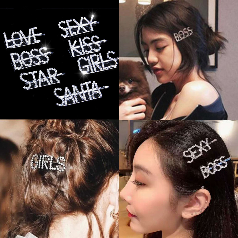 Girl Women Rhinestone Hair Clip Diamond Words Crystal Letters Hair