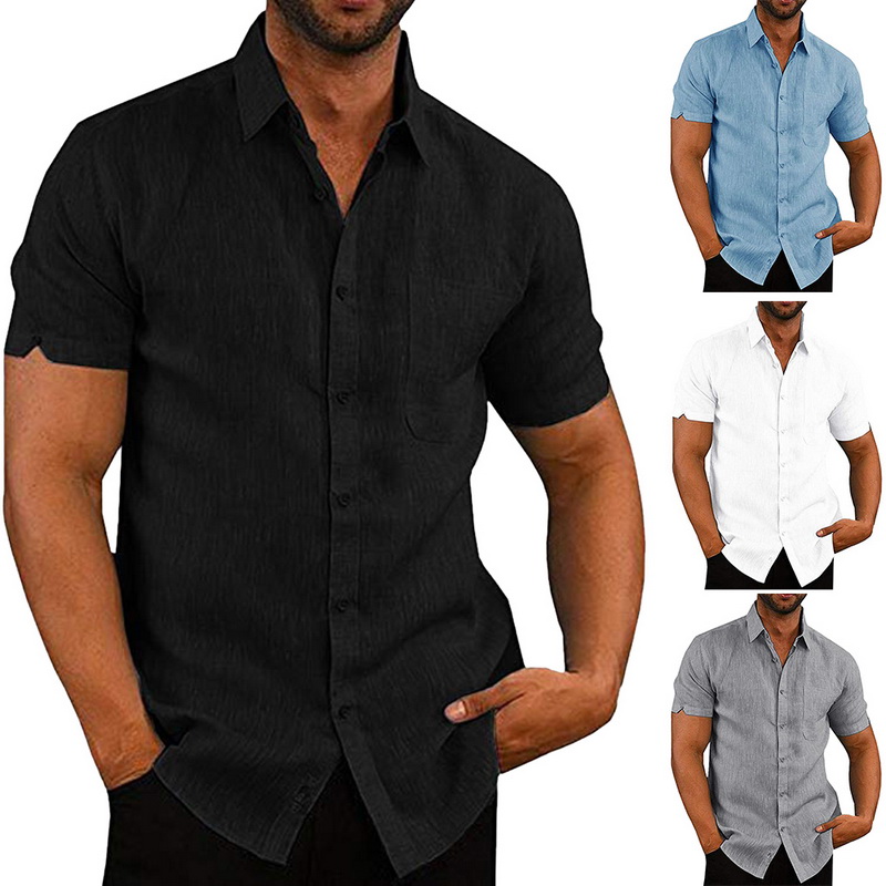 Mens Cotton Button Down Beach Shirts Short Sleeve Linen Spread Collar Tee US