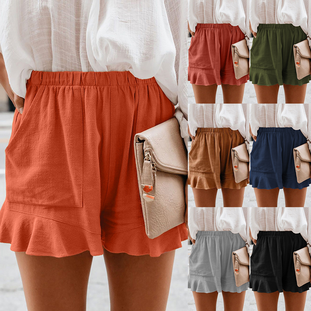 Womens Elastic Waist Side Pockets Ruffle Cotton Linen Shorts Summer ...