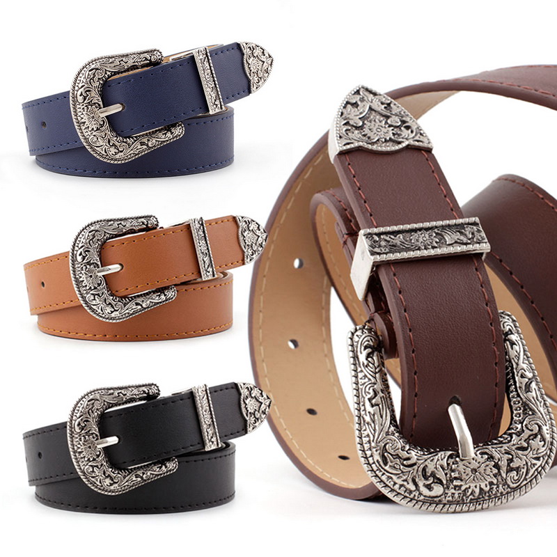 Women Waist Belt Black PU Leather Western Cowgirl Waistband Double Buckle T