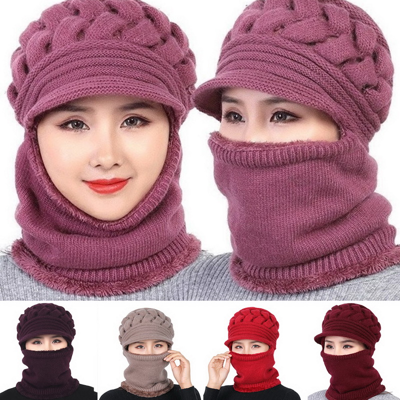Damen Knit M/ütze Schal Mundschutz Set mit Bommel Winter Plus Samt Gestrickte Winterm/ütze mit Visor Strickm/ütze Runder Schal Set Winddicht Warme Beanie Schalm/ützen-Set Winterm/ütze 3-in-1 Winter-Set