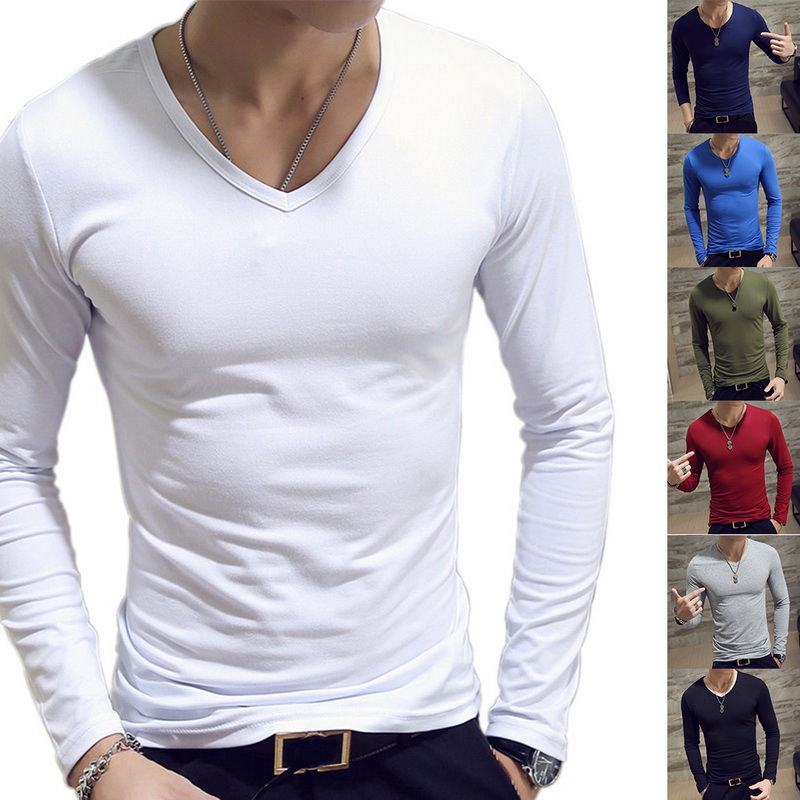 Mens Long Sleeve T-shirt 100/% Cotton Base Layer V Neck Slim Fit Muscle Top Plain