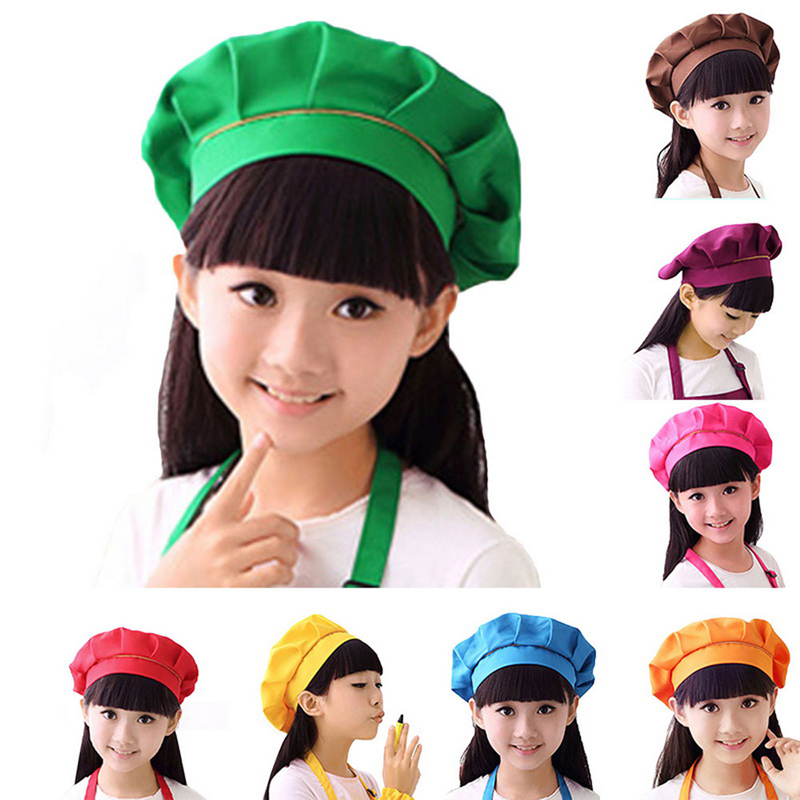 US Children Kitchen Peaked Chef Hat Cooking Baking Beanie Cap Solid Painting Hat