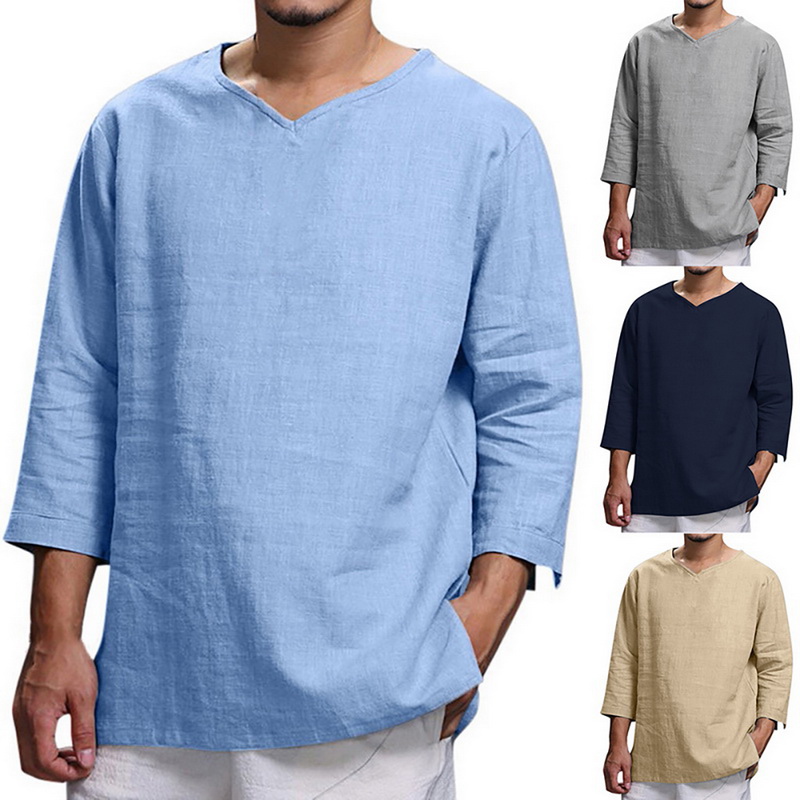 Men Floral V-neck 3//4 Sleeve Pullover Casual Shirts Beach T-shirts Tops Slim Fit