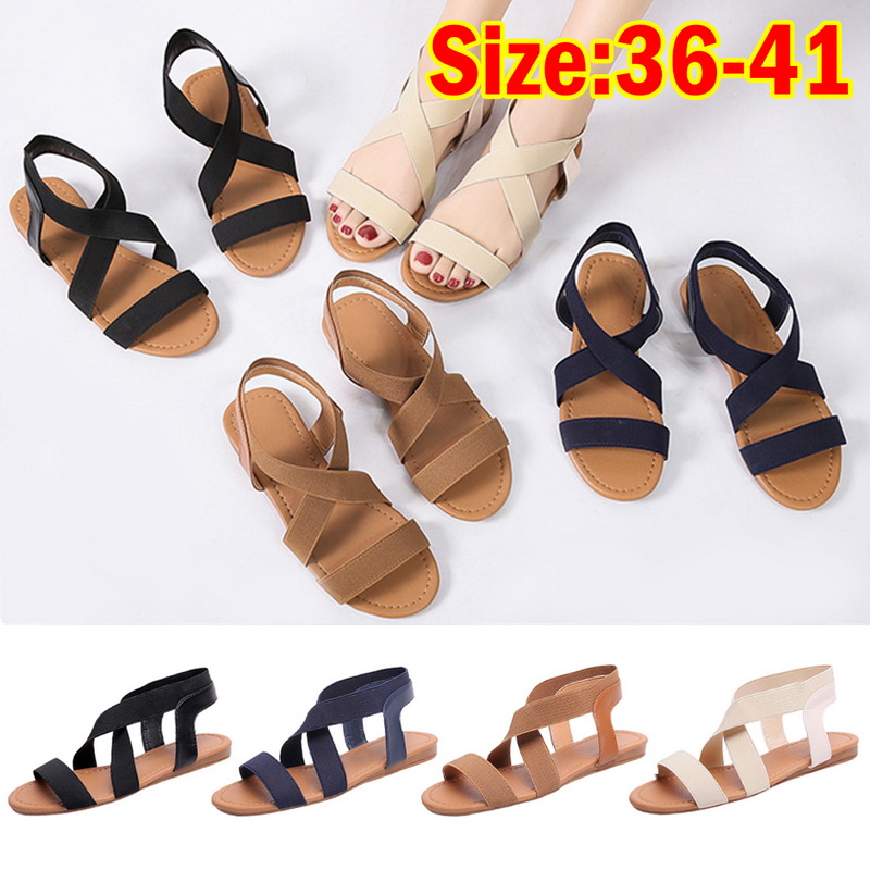 IDIFU Womens Elastic Flat Sandals Criss-Cross Open Toe Ankle Strap Summer Shoes