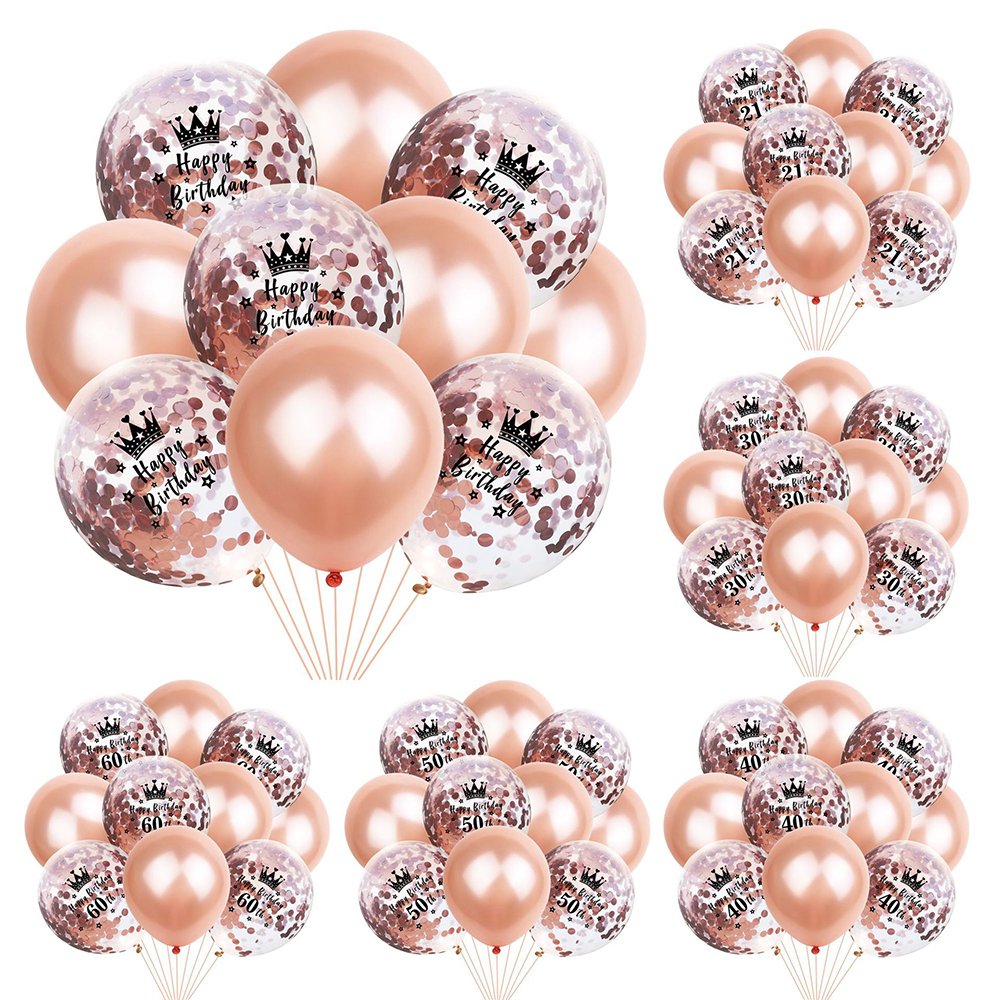 10Pcs Rose Gold 18 21st 30 40 50th Happy Birthday Crown Confetti Balloons Party