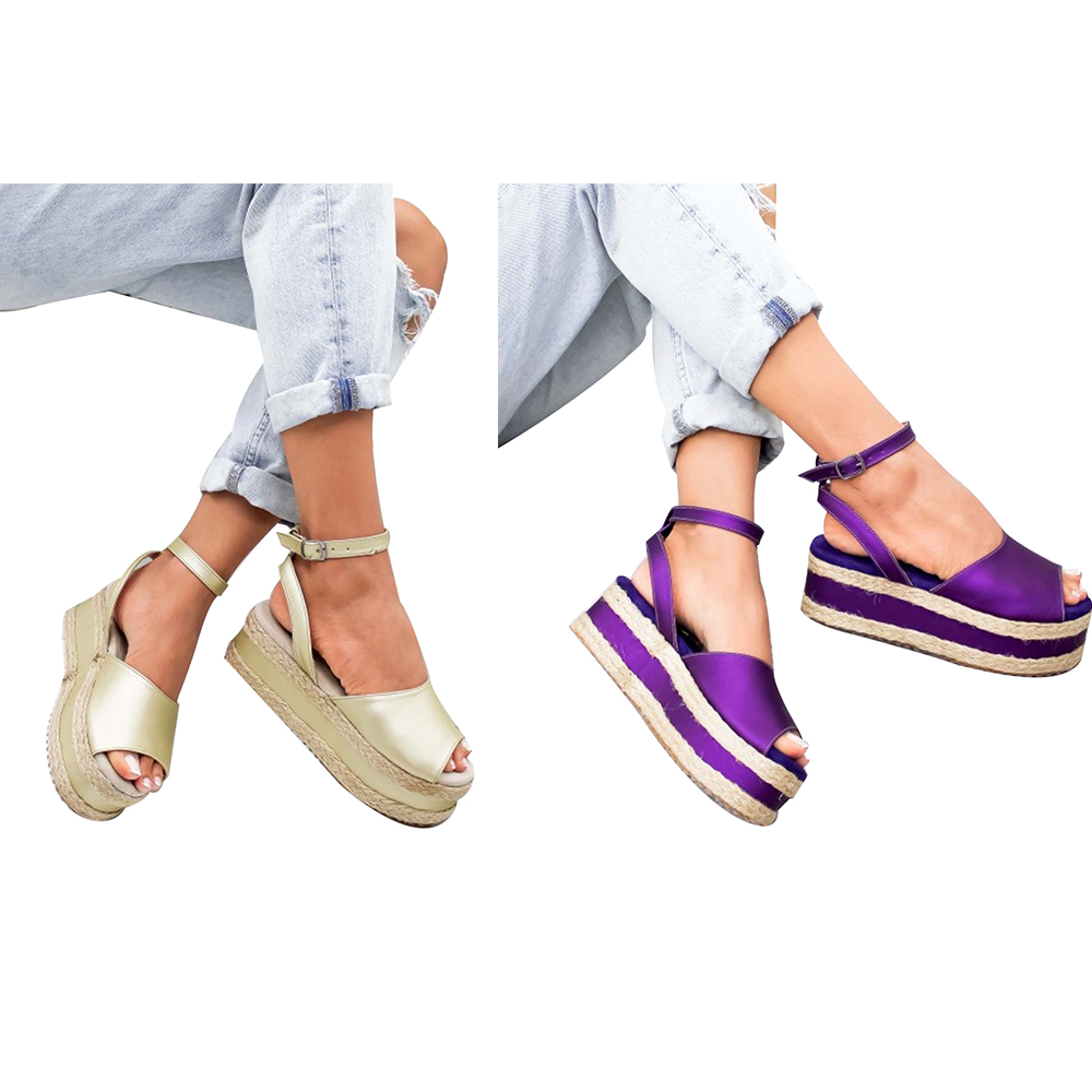 Damen Hohe Keilabsatz Schuhe Plateau Schnalle Sandalen Espadrilles Sommer Pump G