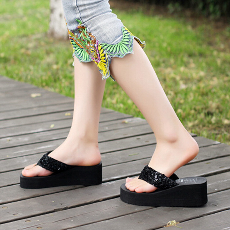 JOJONUNU Sexy Women Platform High Heel Sandals Beading Platform Gold Heel Slipper Summer Beach 