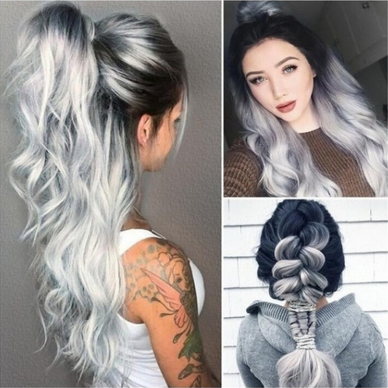Ladies Grey Wig Cosplay Long Curly Wavy Hair Full Bangs Synthetic