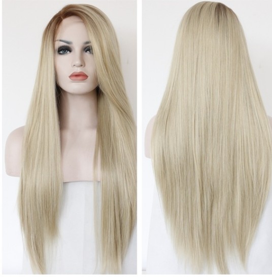 Womens Ash Blonde Wig Long Straight Type Daily Makeup Synthetic