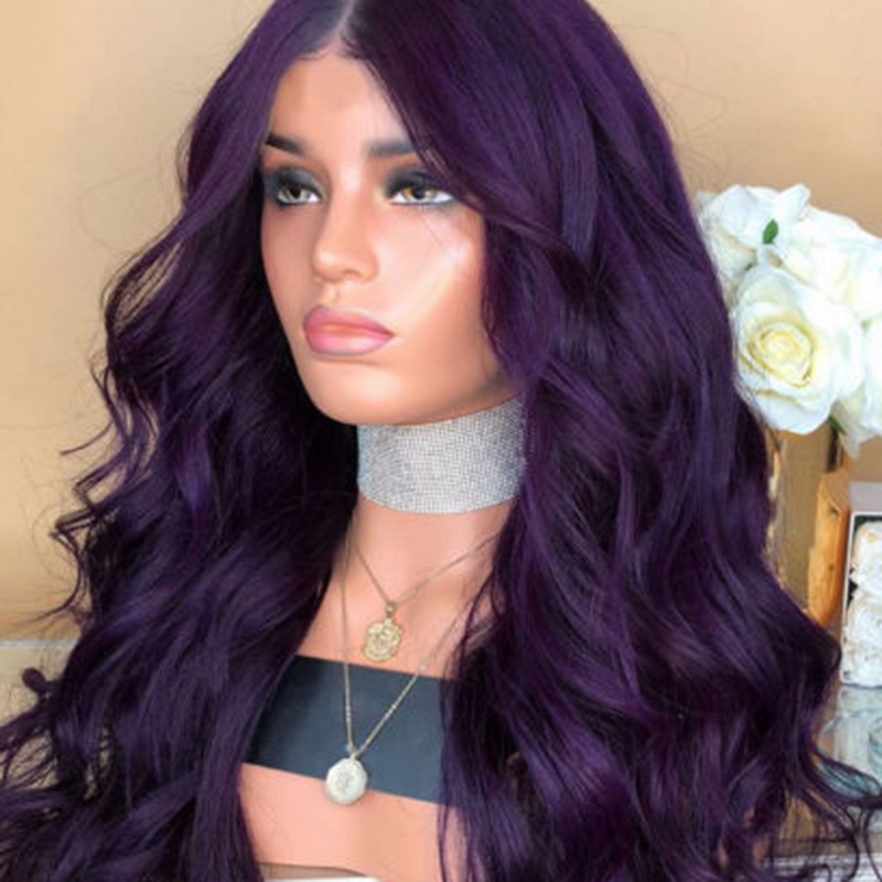 New Women Long Purple Hair Full Wig Natural Curly Wavy Synthetic