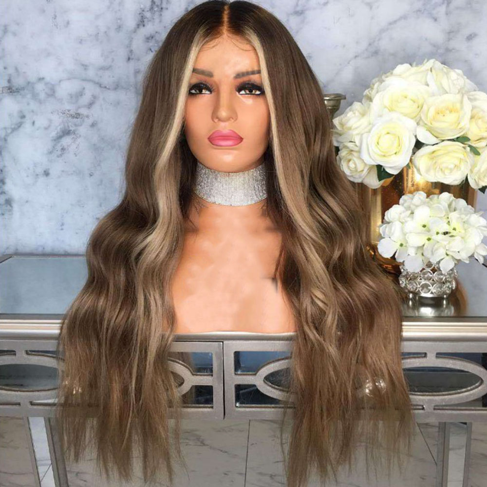 Women Ombre Long Curly Wigs Brown Highlight Gold Wavy Hair Full