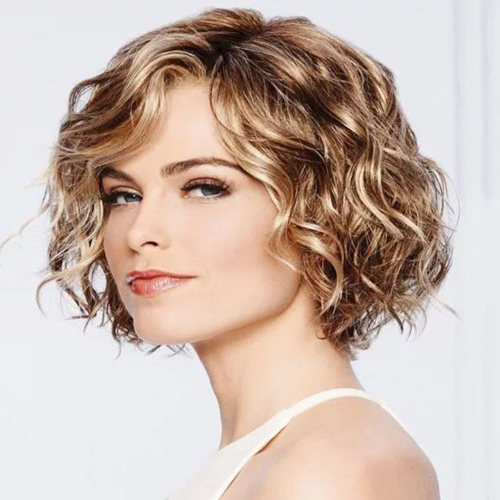 Women Natural Gold Blonde Curly Wavy Short Wigs Synthetic Full