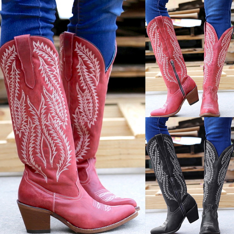 Damen Stiefel PU Leder Stiefeletten Niedriger Absatz Schuhe Kniehohe Stiefel Frauen Kleidung klassische Schuhe zu
