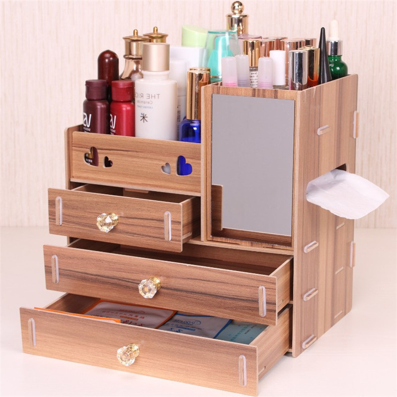 Wooden Makeup Case Cosmetic Organiser Storage Boxes Mirror Cabinet