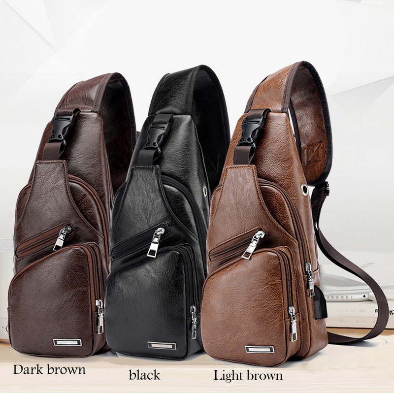 Men/'s USB Charging Bag Men/'s Chest Bag PU Shoulder Package Travel Bag For Male