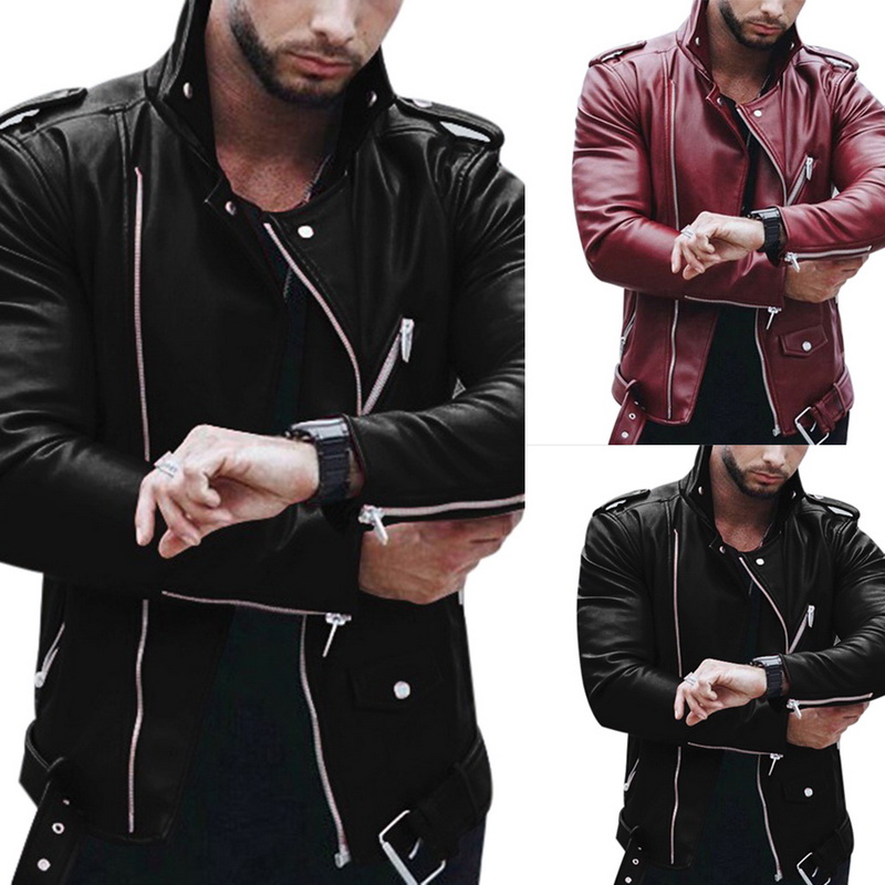 Retro Mens Leather Biker Jacket Long Sleeve Stand Collar Zip Fashion Mens Leather Biker Jacket Long Sleeve Stand Collar Zip Motorcycle
