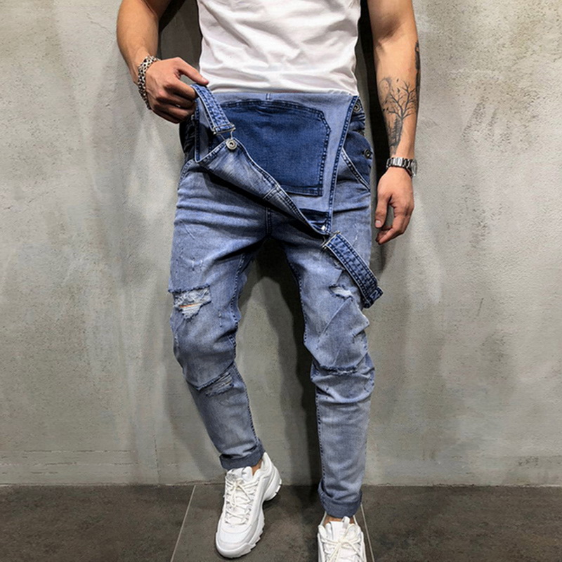 Jeans Kleidung Accessoires Herren Jeans Latzhose Ripped Washed Jumpsuit Overalls Denim Lang Hose Skinny Fl