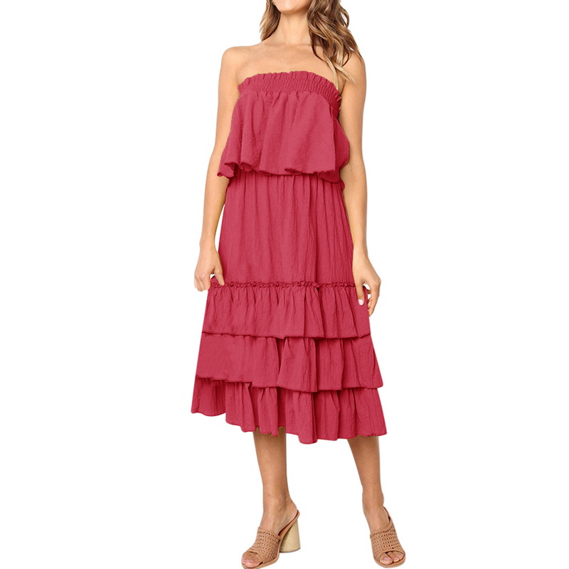 Women Summer Ruffle Strapless Tube Top + Dress Maxi Beach Dress ...