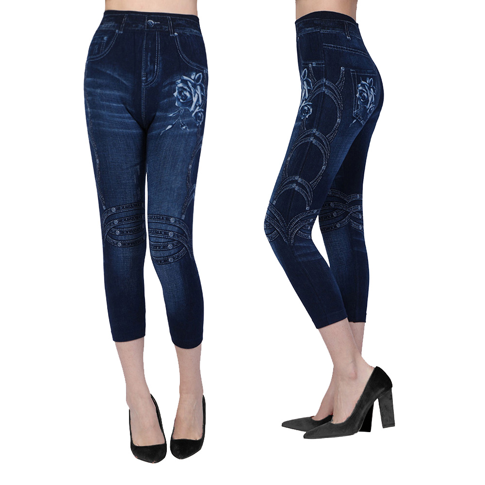 Summer Womens High Waist Denim Print Rose 3//4 Pants Slim Cropped Trousers HA