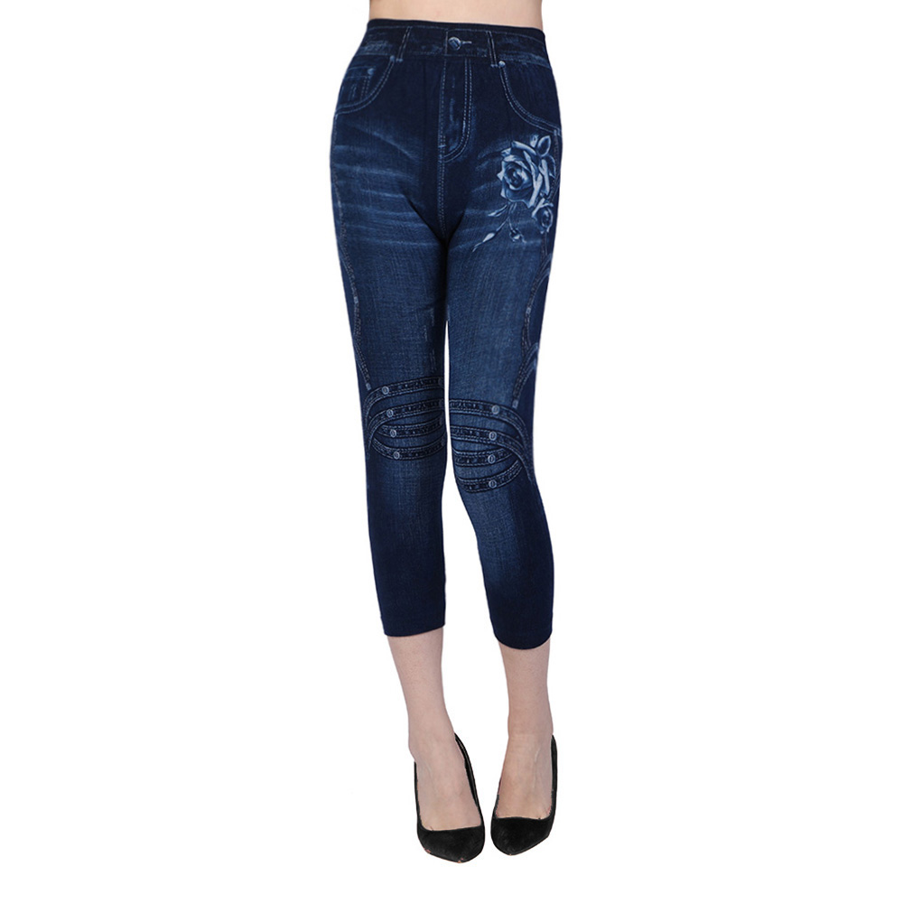 Summer Womens High Waist Denim Print Rose 3//4 Pants Slim Cropped Trousers HA