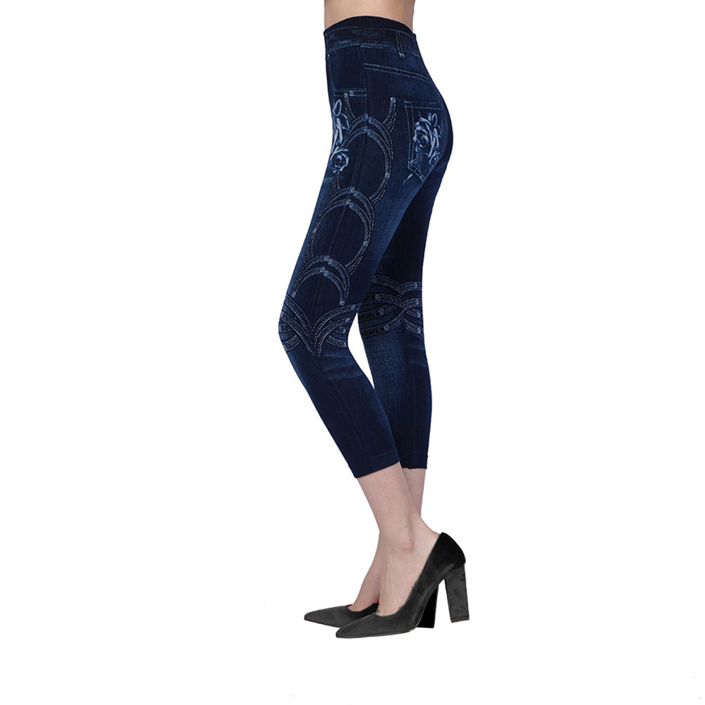 Summer Womens High Waist Denim Print Rose 3//4 Pants Slim Cropped Trousers HA