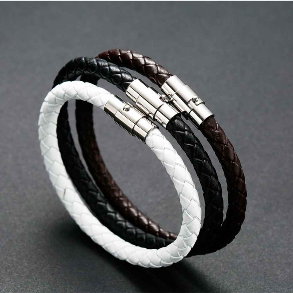 Men's Stainless Steel Black Braided Leather Bracelet Cuff Bangle Wristband