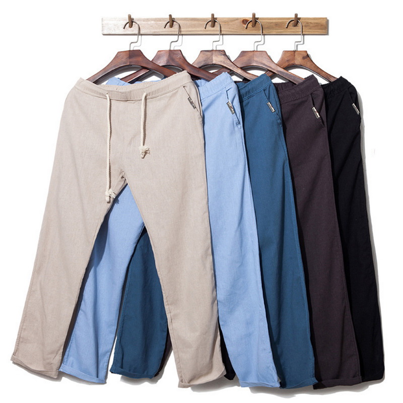 Men Summer Linen Loose Casual Trousers Beach Rope Tie Drawstring Soft Pants T99