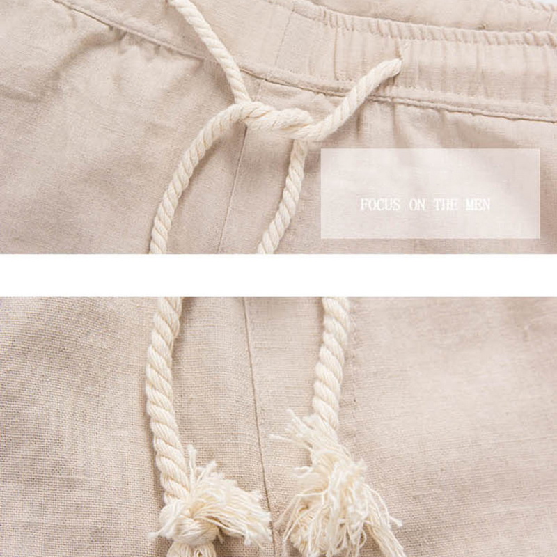 Men Summer Linen Loose Casual Trousers Beach Rope Tie Drawstring Soft Pants T99
