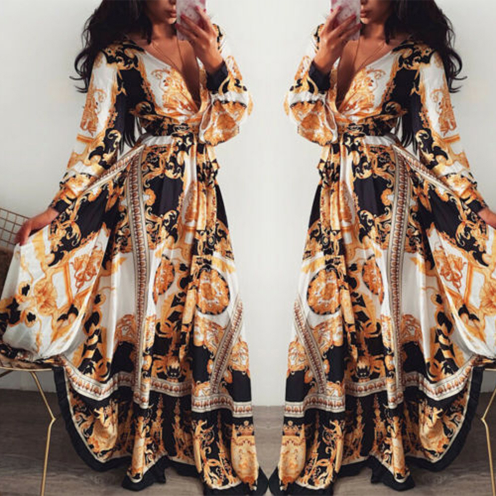 Details About Long Bohemian Style Women Sexy V Neck Beach Summer Printed Maxi Dress Maxi Dresses Show Original Title