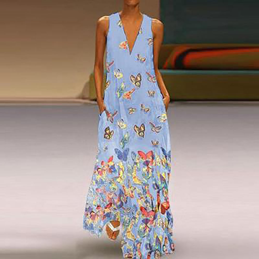 Women V Neck Butterfly Print Dress Sleeveless Pockets Dress Maxi Long ...