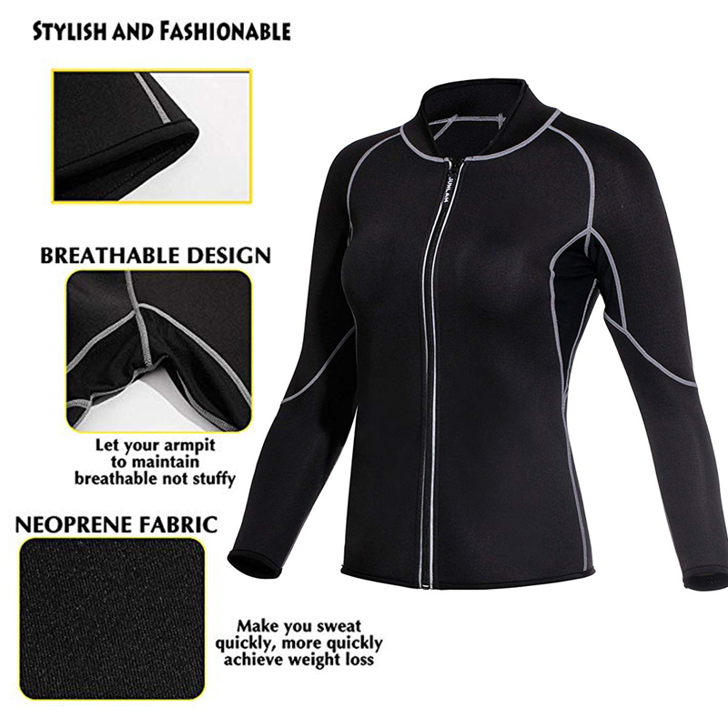 US Women/'s Neoprene Long Sleeve T-Shirt Sauna Full Zip Up Body Shaper Suit Tops