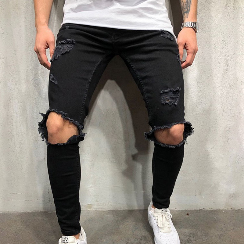 New Men's Fashion Slim Fit Ripped Stretchy Knee Holes Skinny Jeans ...