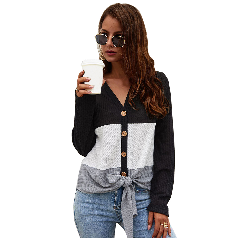 Women's Casual Button Down Front Knot Knit Sweaters Shirts Long Sleeve ...