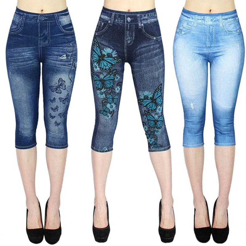 Jap Us Fashion Women S Leggings Jeans Look Printed Stretch Capri Casual Pants Ebay