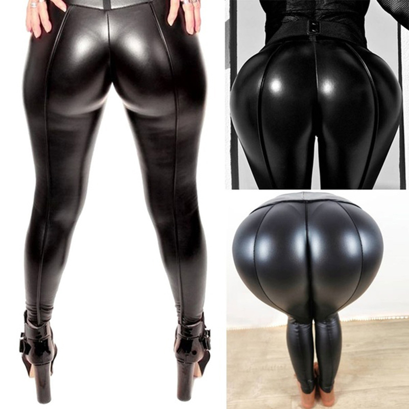 Women Wet Look Stretchy Faux Leather Pants Skinny High Waist Leggings Push Up
