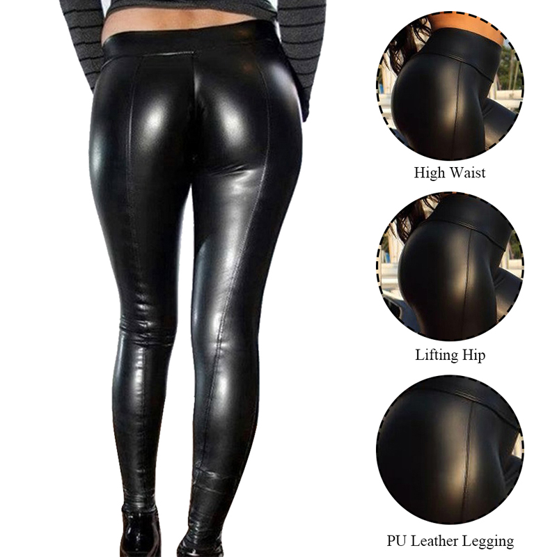 Womens Look Leather Pants Stretchy Push Up Pencil Skinny Tight