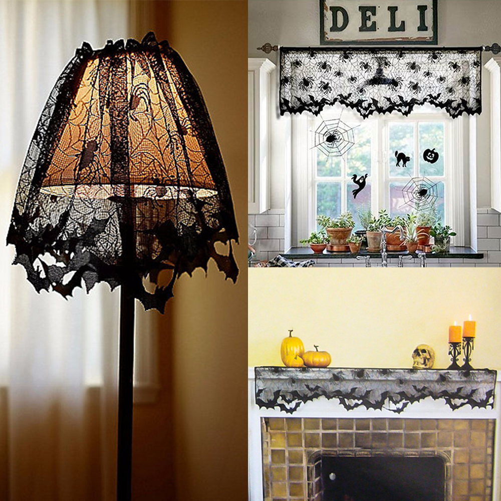New Halloween Lace Bat Web Lamp Topper Curtains Haunted House
