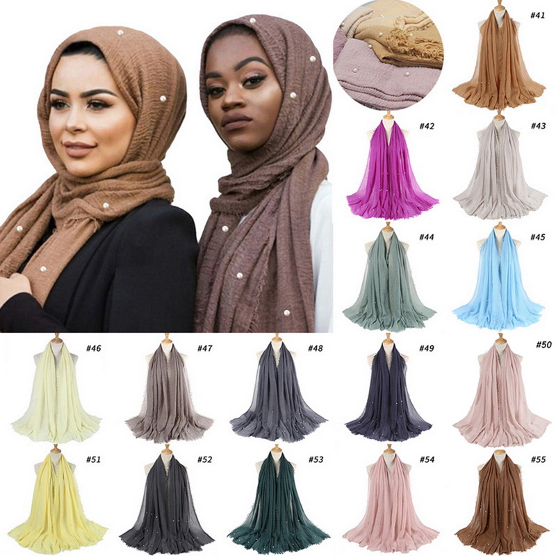Muslim Women Hijab Jersey Scarf Hijabs Pearl Bubble Chiffon Shawls Plain Scarves