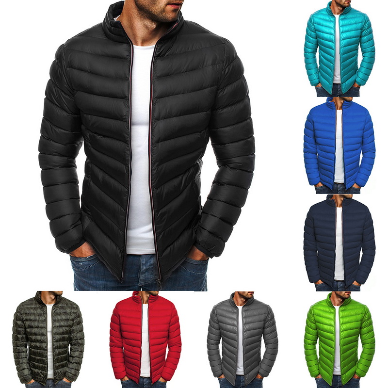 Mens Winter Zipper Padded Hooded Down Jackets Men Solid Stand Collar Coat Outwear