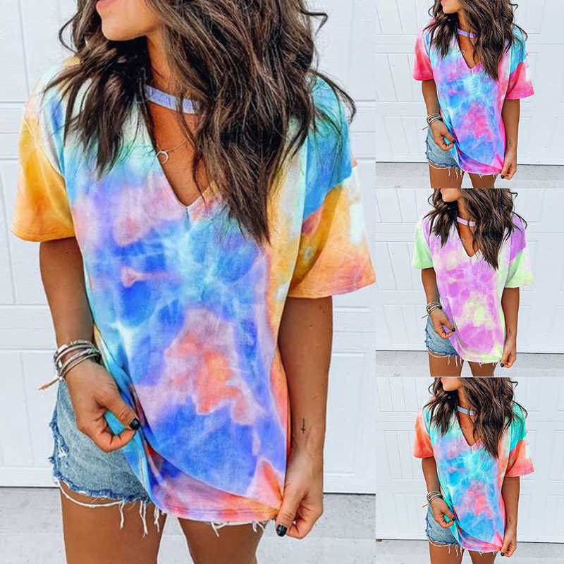Women Summer V-neck Casual Blouse Short Sleeve Tie-dye T-shirt Loose Tunic Tops