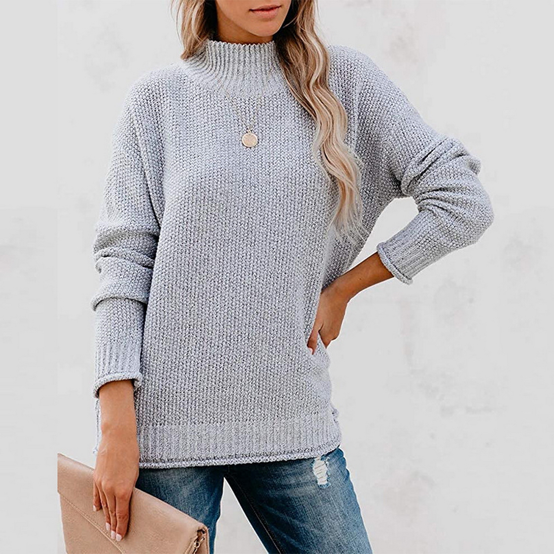 Womens Turtleneck Pullover Oversized Long Sleeve Tops Ribbed Solid ...