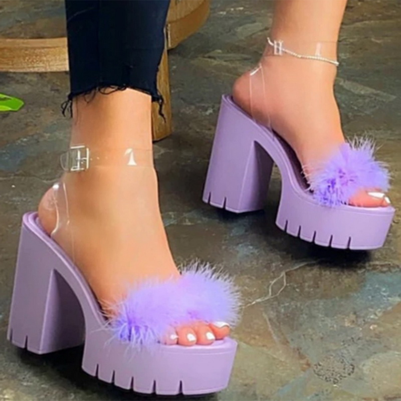 Ladies Fashion Open-toe Waterproof Platform Hairy Thick High-heel ...