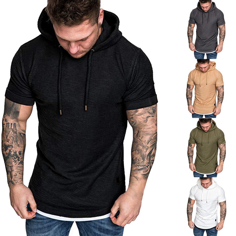 Men Hoodie Short Sleeve T-shirt Fitness Workout Gym Hooded Tee Muscle ...
