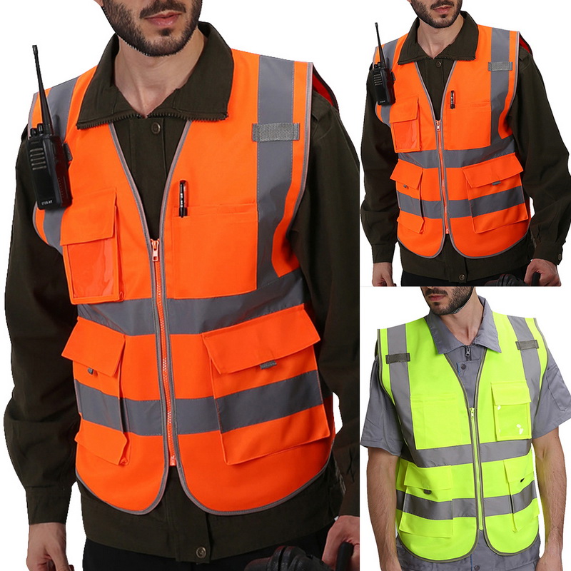 Security Safety Vest w/ High Visibility Reflective Stripes Orange & Yellow