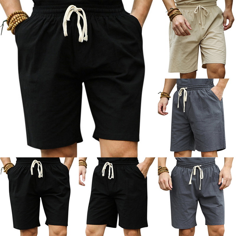 Mens Linen Casual Custom Fit Short Drawstring Printed Hem Summer Beach Shorts with Elastic Waist and Pockets