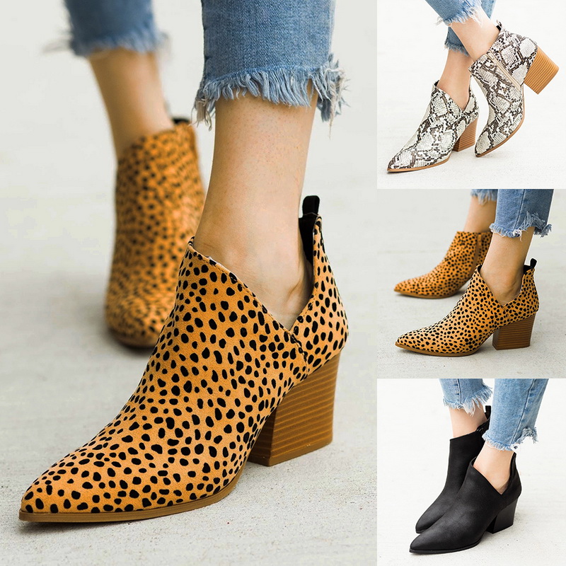 Stiefel Herbst Schuhe On Toe Damen Stiefeletten Leopard Slip 35AR4Lj