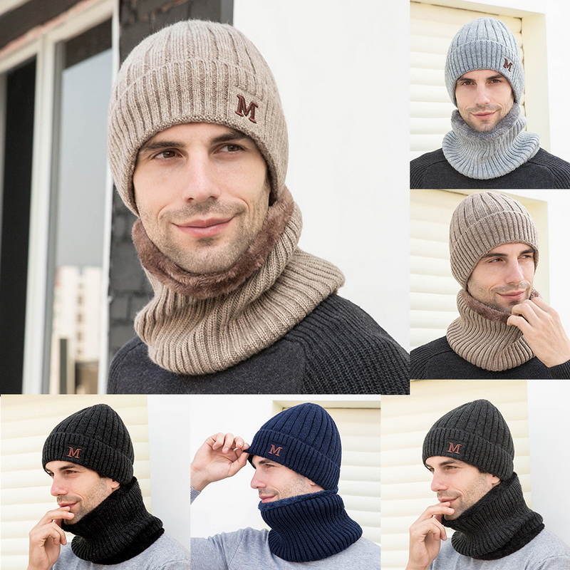 2Pcs Scarf Hat Set Women Winter Warm Neck Guard Fleece Lined Knitted Soft Caps