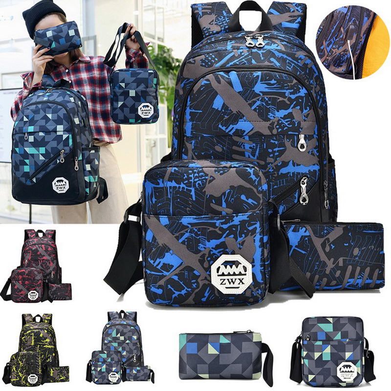 3Pcs/Set Girls Boys Large Camouflage Travel Backpack Rucksack School Bags Pouch