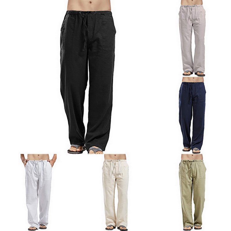 Mens Cotton Trousers Drawstring Yoga Elasticated Linen Loose Casual Pants UK